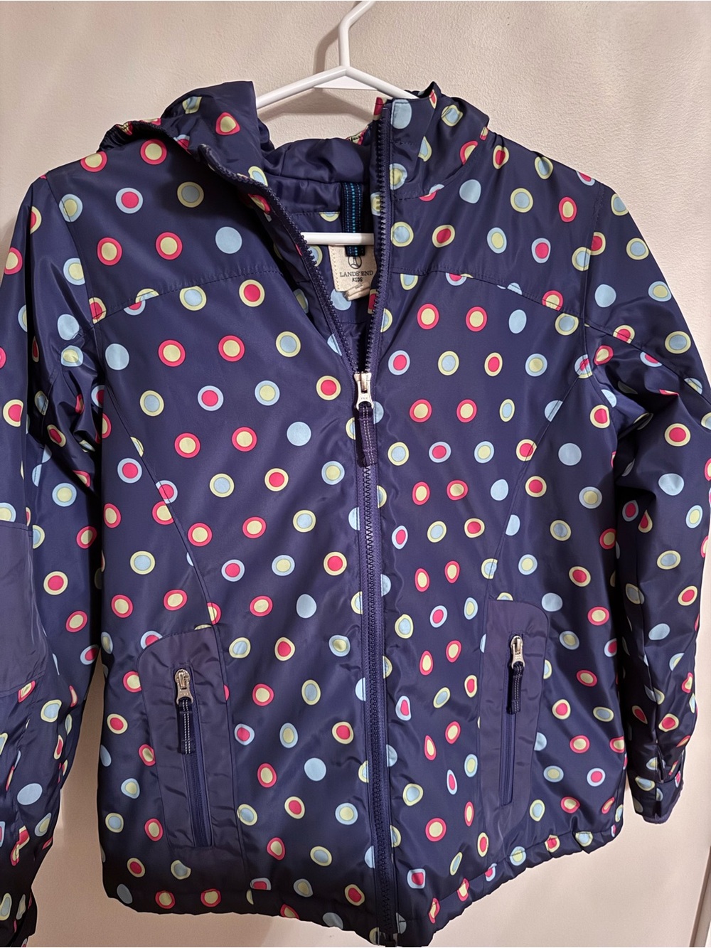 Lands' End Navy Hooded Raincoat with Multicolor Polka Dots